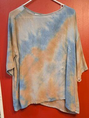 Bryn Walker Tie Dye Top Small Blue Rust Oversized Lagenlook Cropped Sleeve